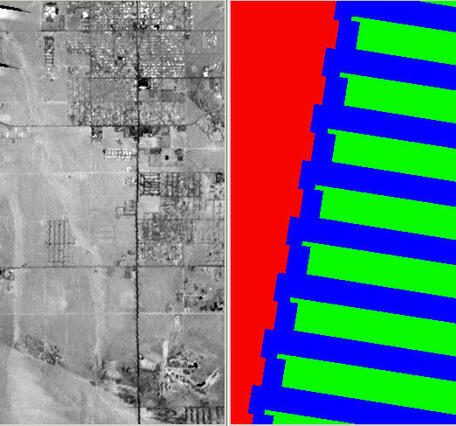 SLC-Off showing showing satellite image with parallel bands of missing image; and SLC-On gap mask with correlating blue bands.