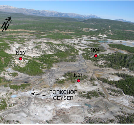 An aerial view of the Norris Geyser Basin. The photo was taken from...