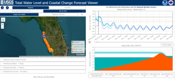 A screen shot of computer tool shows selected areas (left) and total water level forecast for Madeira Beach Florida (right)