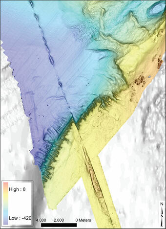 Computer-generated illustration of colored, high-resolution seafloor map clearly shows a fault and where the seafloor is offset.