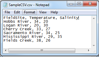 Screencapture of a comma-separated values (CSV) formatted file.