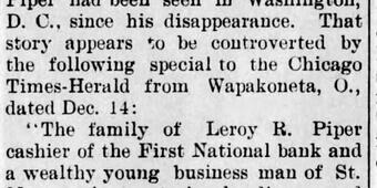 Newspaper clipping from the Billings Weekly Gazette about Leroy R. Piper's 1900 disappearance from Yellowstone National Park