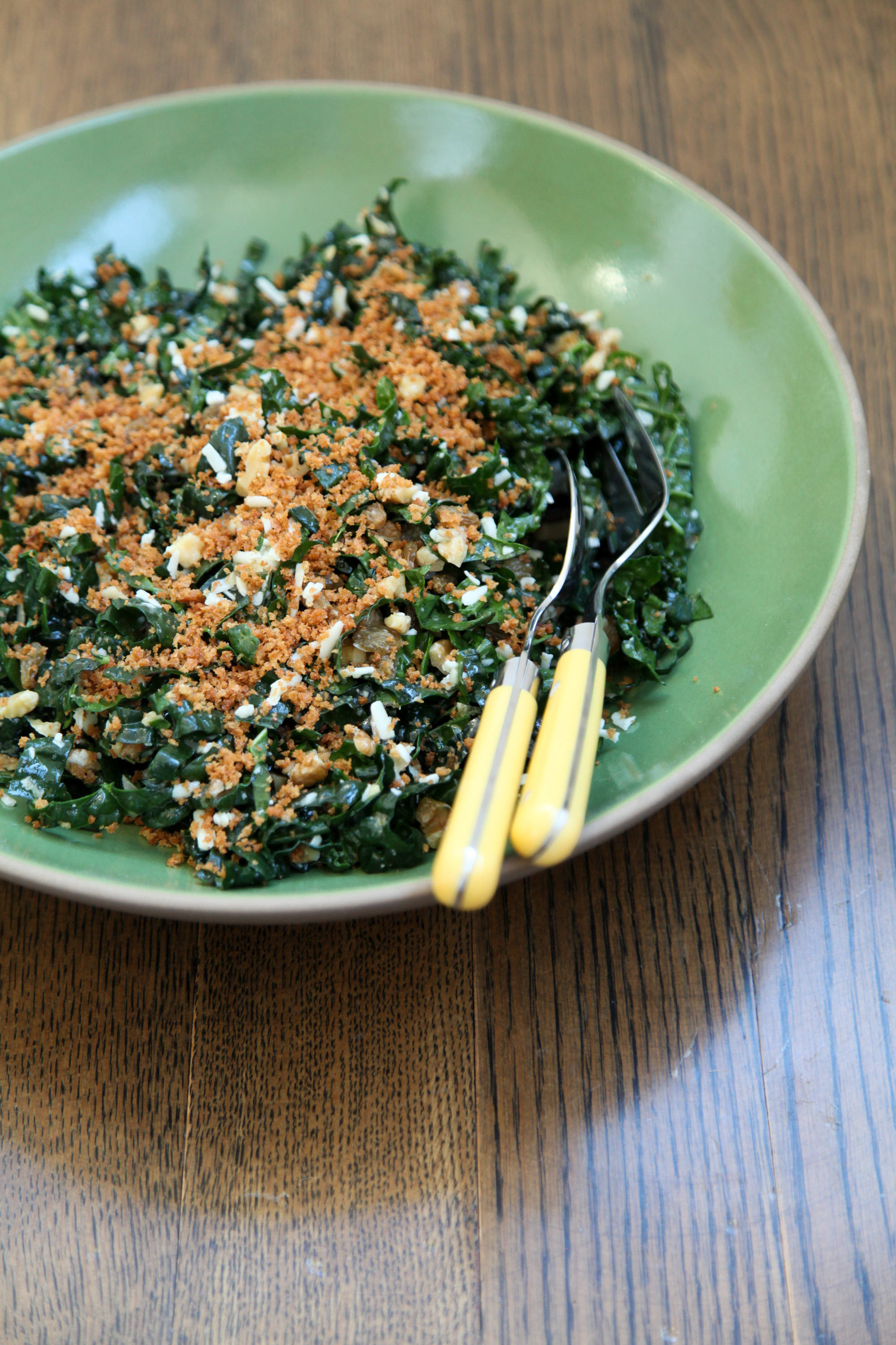 Kale Salad With Walnuts, Golden Raisins, and Toasted Breadcrumbs | amodestfeast.com | A Modest Feast