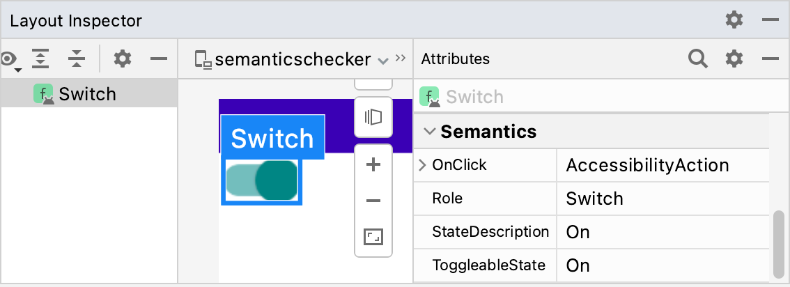 Bir Switch composable&#39;ın Anlambilim özelliklerini gösteren Layout Inspector