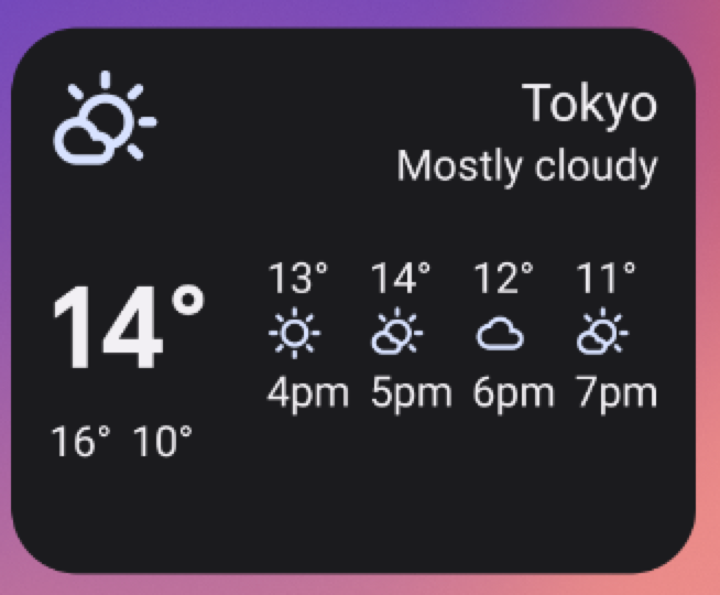 Exemplo de widget de previsão do tempo em tamanho médio 4 x 2. Redimensionar o widget dessa maneira se baseia em toda a interface do tamanho de widget anterior e adiciona o rótulo &quot;Predominantemente nublado&quot; e uma previsão de temperaturas das 16h às 19h.