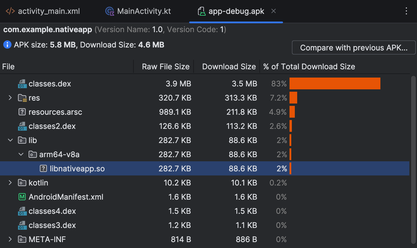 APK Analyzer-Ansicht, die zeigt, dass gemeinsam genutzte Objektdateien
heute