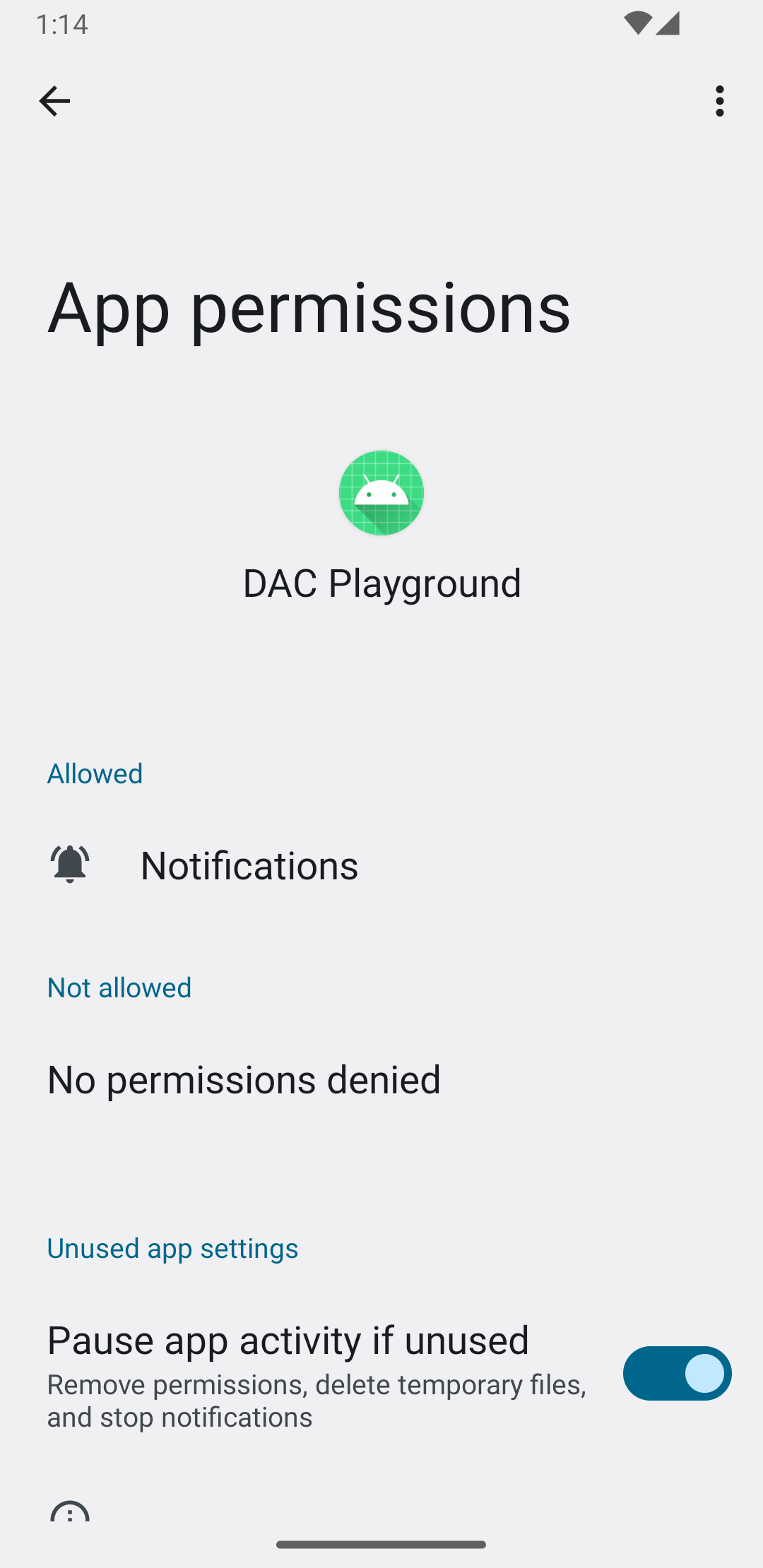 Image montrant l&#39;écran &quot;Informations sur l&#39;application&quot; après avoir accordé l&#39;autorisation de notification