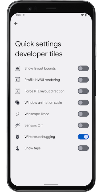 Google Pixel 휴대전화의 빠른 설정 개발자 타일 스크린샷