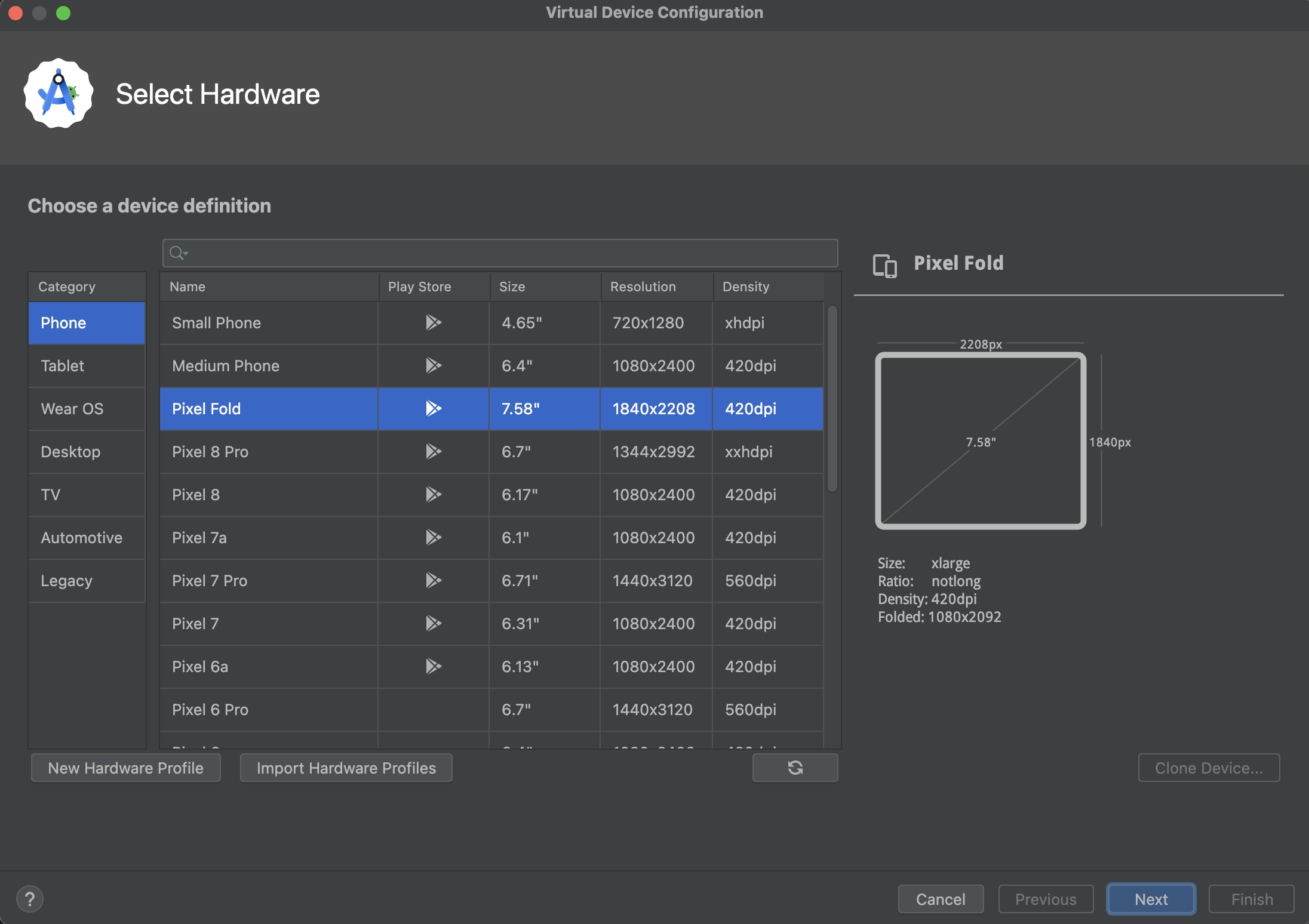 The Select Hardware dialog