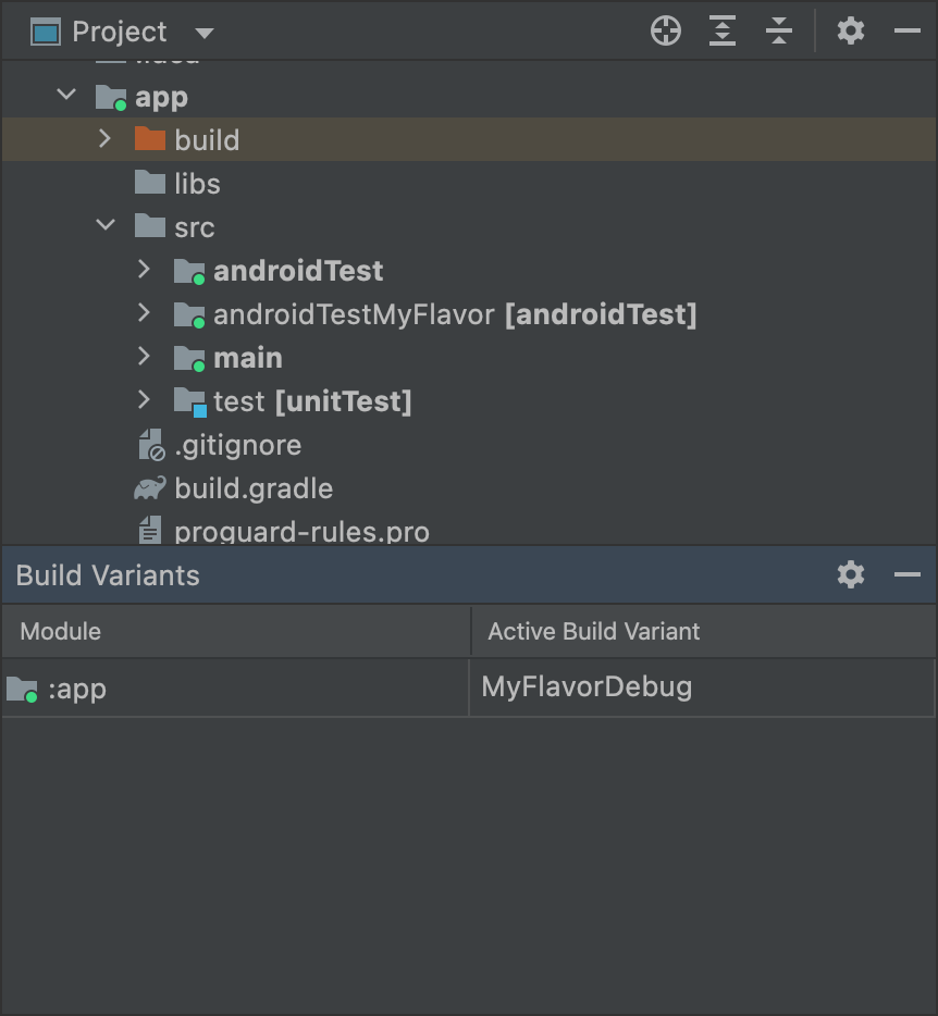 MyFlavor varyantı seçili ve androidTestMyFlavor klasörü Proje görünümünde etkin