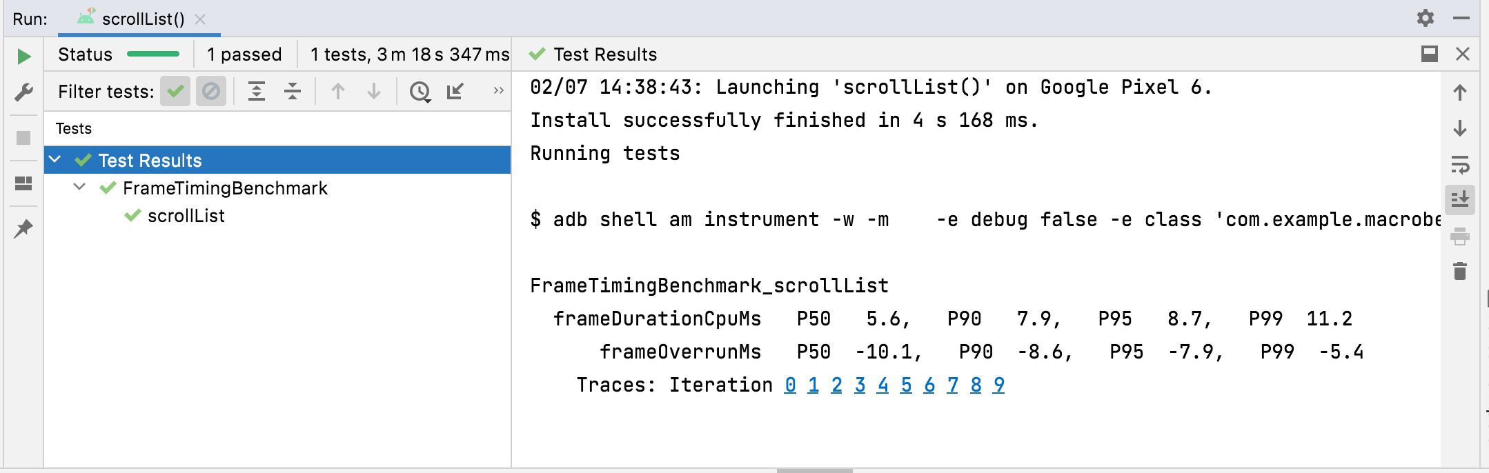 Wyniki FrameTimingMetric