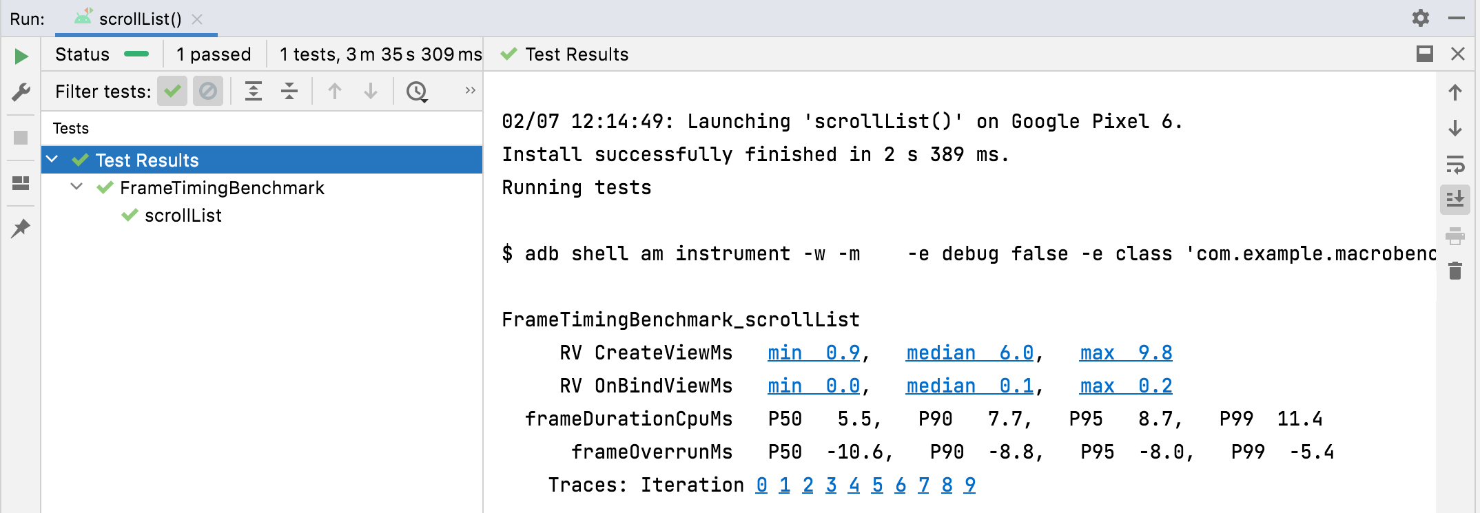 TraceSectionMetric ve FrameTimingMetric sonuçları.