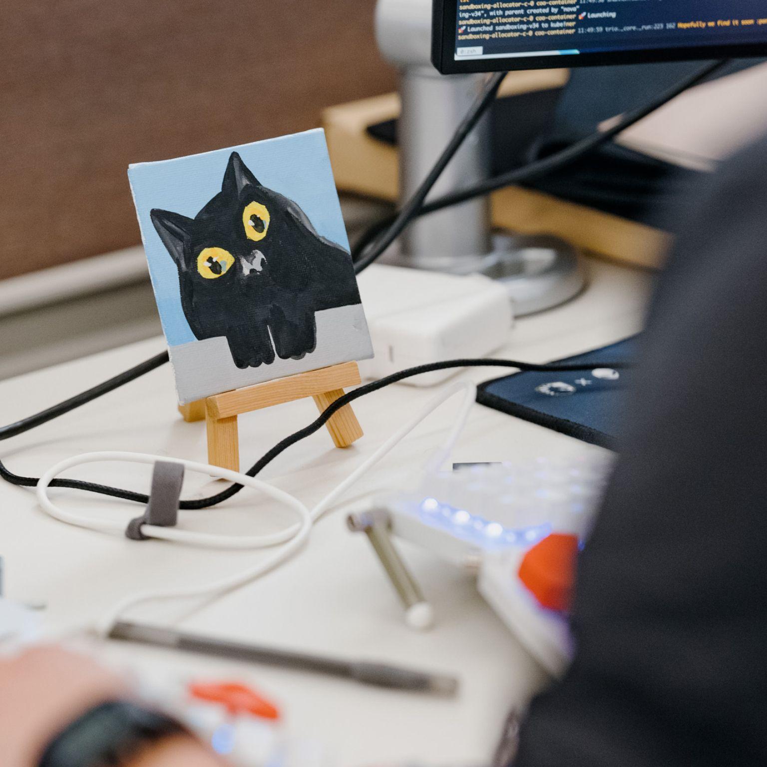 Personal craft painting of cat on office desk