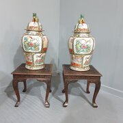 Quality Pair Padouk Tables With Temple Jars