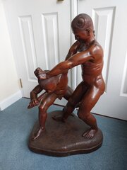 Large Antique Carved Walnut Sculpture Of Wrestlers