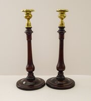 Pair Turned Mahogany & Brass Candlesticks C.1900