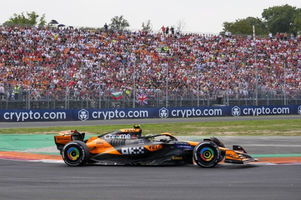 McLaren driver Lando Norris of Britain steers his car during the Formula One Italian Grand Prix race at the Monza racetrack, in Monza, Italy, Sunday, Sept. 1, 2024. (AP Photo/Luca Bruno)