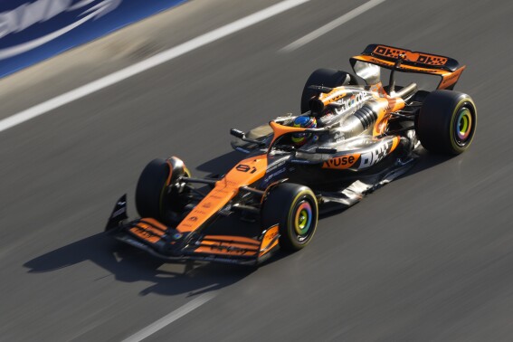 McLaren driver Oscar Piastri of Australia in action during a Formula One Grand Prix practice in Baku, Azerbaijan, on Friday, Sept. 13, 2024. (AP Photo/Sergei Grits)