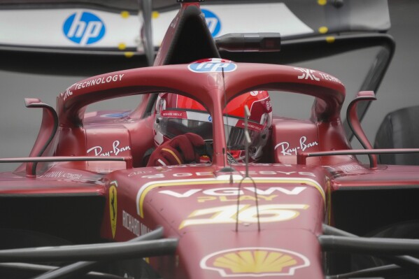 Ferrari driver Charles Leclerc of Monaco in action during a Formula One Grand Prix qualifying in Baku, Azerbaijan, on Saturday, Sept. 14, 2024. (AP Photo/Sergei Grits)