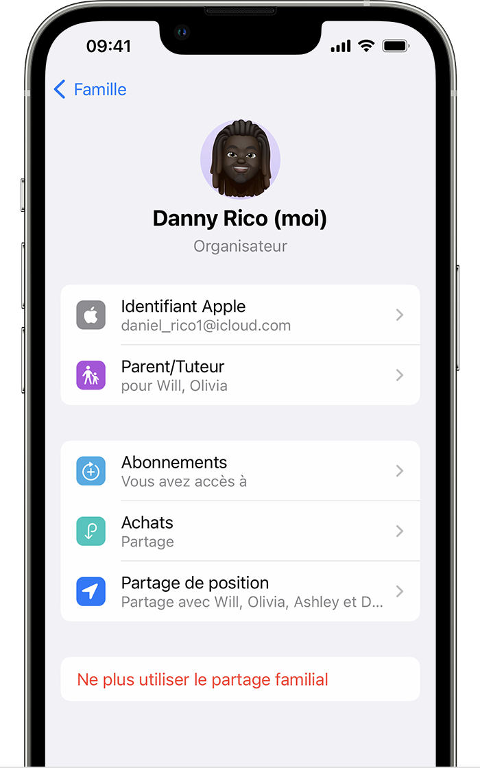 iPhone affichant l’écran avec l’option Ne plus utiliser le partage familial