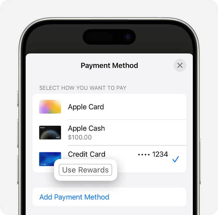 iPhone showing payment options with available rewards during checkout. 