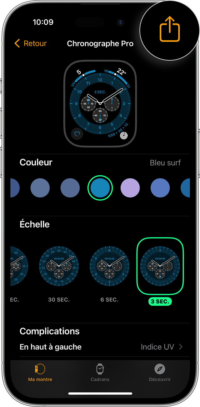 App Apple Watch sur un iPhone affichant le bouton Partager sur le cadran sélectionné