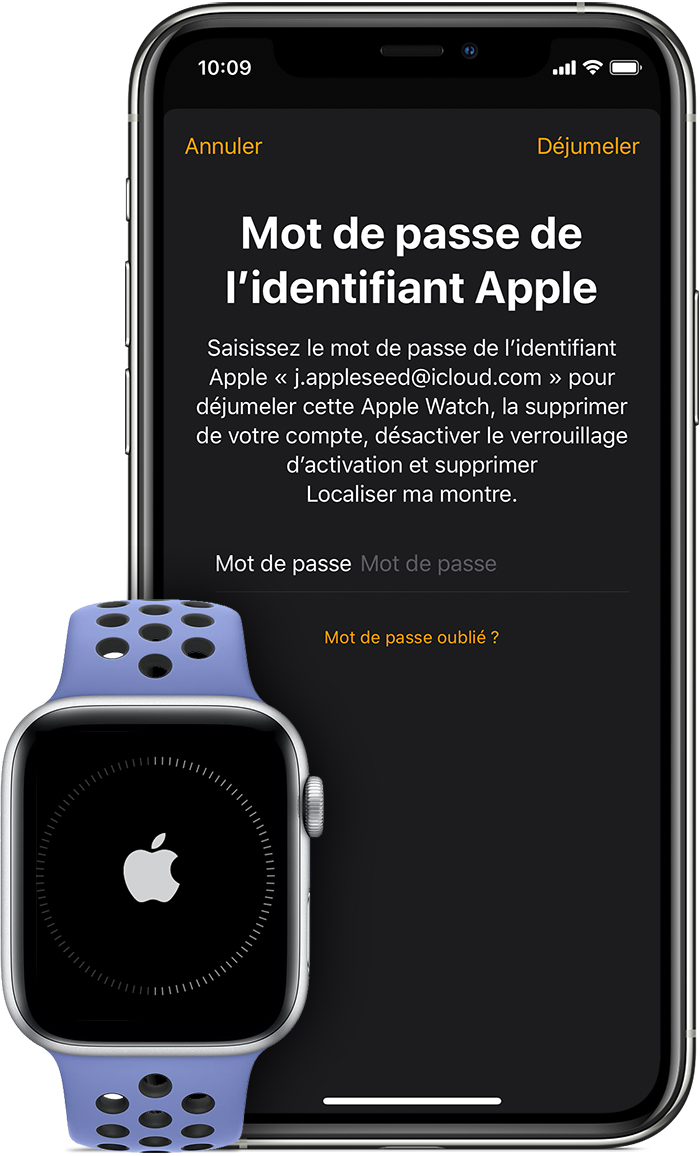 Invitation à saisir le mot de passe de votre identifiant Apple pour désactiver le verrouillage d’activation.