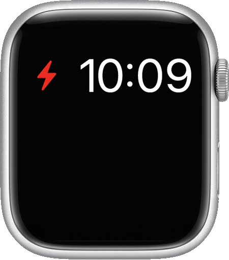 Apple Watch showing the low battery icon at the top of its screen