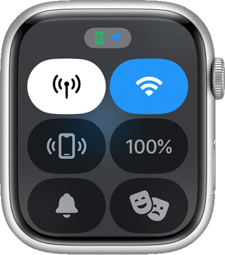 Apple Watch showing the blue arrow location icon at the top of its screen