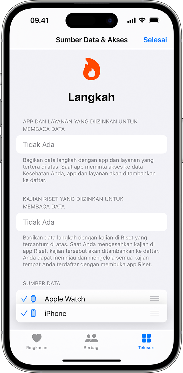 iPhone menampilkan layar tempat sumber data dapat diurutkan ulang