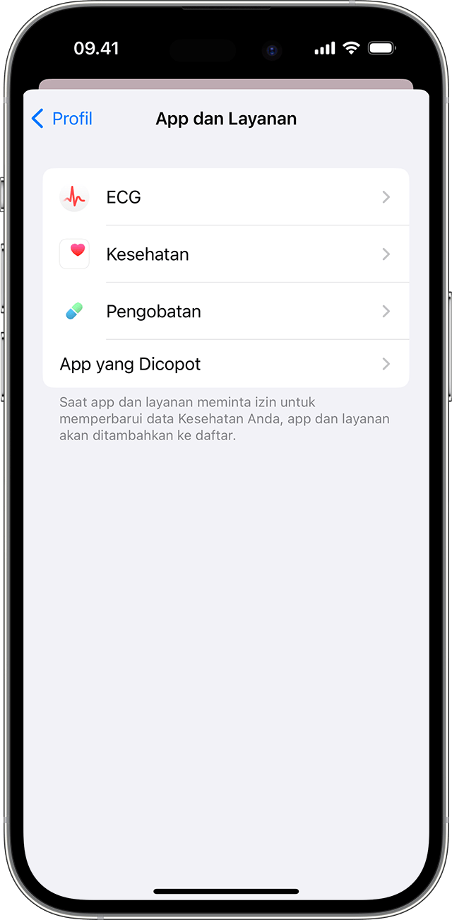 Layar iPhone menampilkan app dan layanan yang dihubungkan ke app Kesehatan