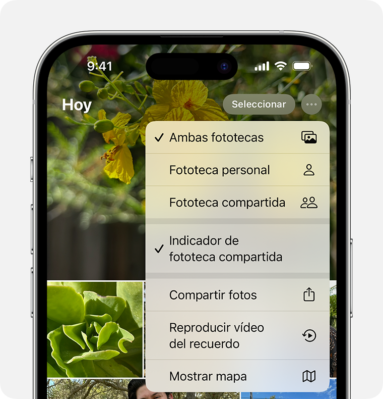 El icono en la parte superior derecha cambia dependiendo de si estás viendo ambas fototecas, la fototeca personal o la fototeca compartida.