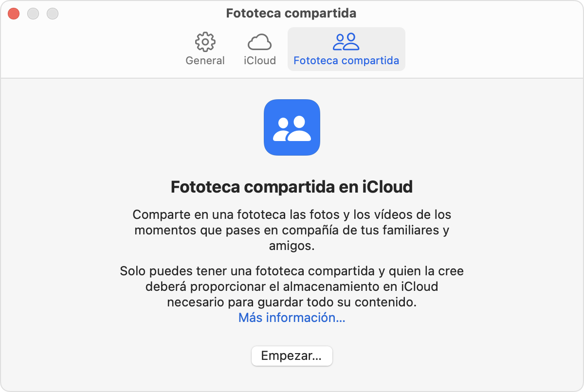 La pestaña Fototeca compartida está al lado de la pestaña iCloud.