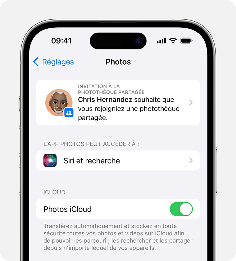 Si vous avez reçu une invitation pour une photothèque partagée, celle-ci se trouve dans la section Photos de l’app Réglages de votre appareil. 