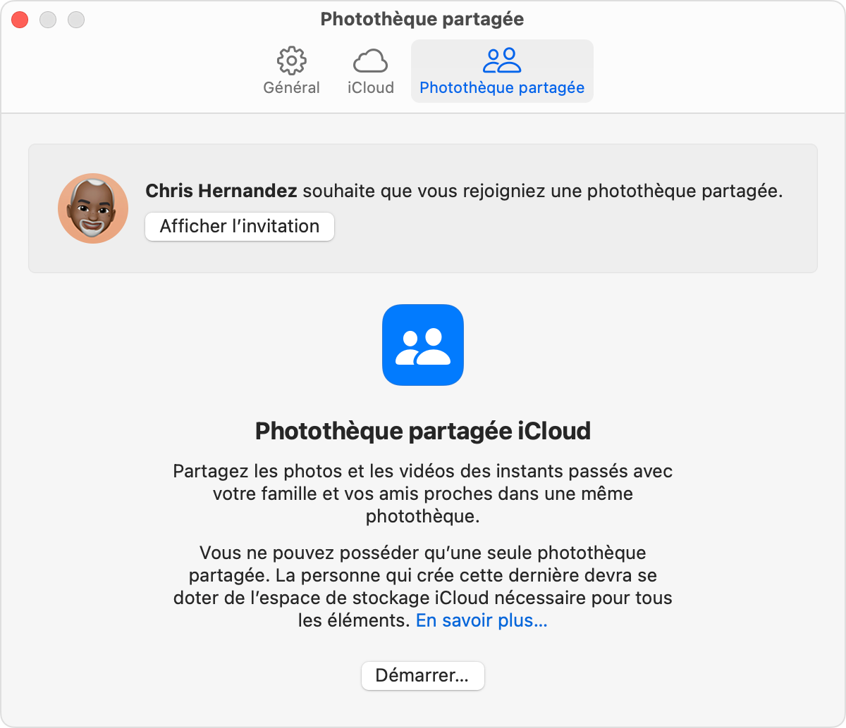 Si vous avez reçu une invitation pour une photothèque partagée, celle-ci se trouve sous Réglages dans l’app Photos.