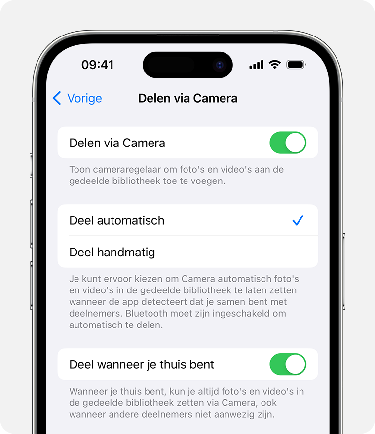 Als je een knop in de Camera-app wilt toevoegen om foto's en video's te delen met je gedeelde bibliotheek, schakel je 'Delen via camera' in.
