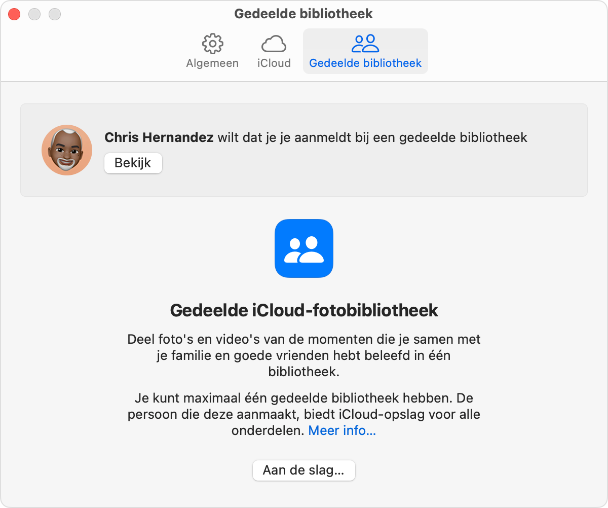 Als je een uitnodiging voor een gedeelde bibliotheek hebt gekregen, kun je deze vinden in 'Instellingen' in de Foto's-app.