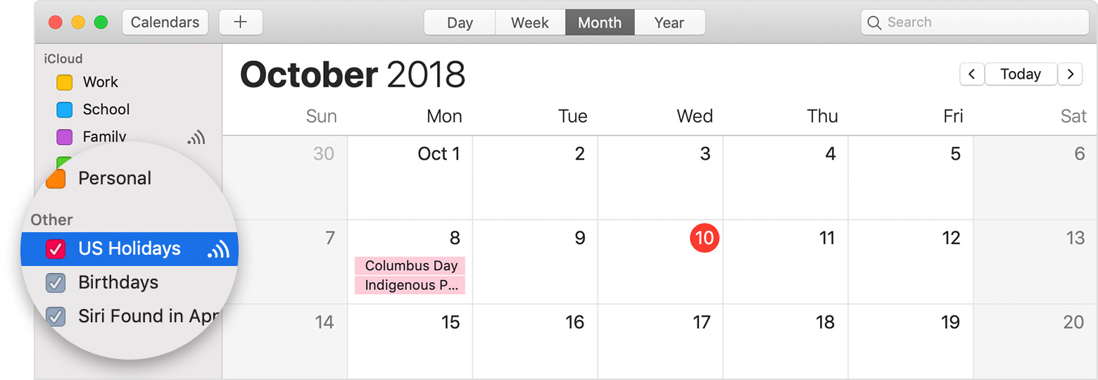 iCloud calendar with subscribed calendar selected