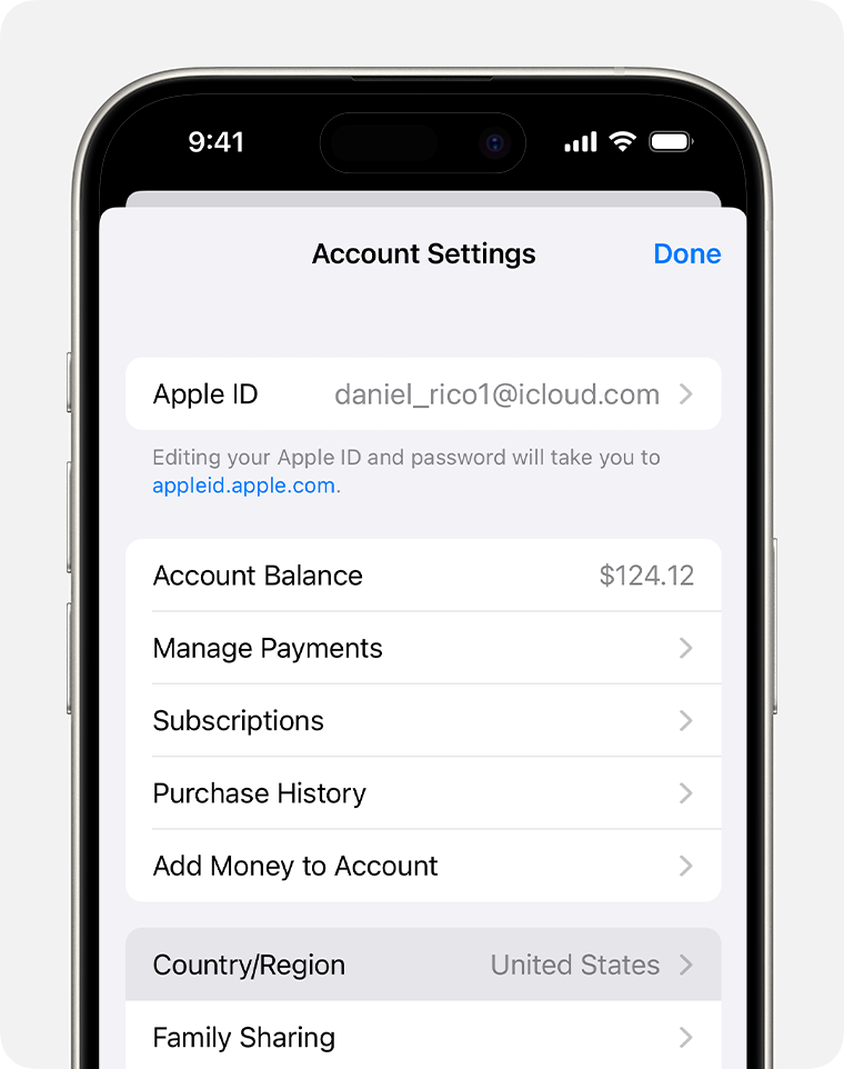 iPhone showing Country/Region in Account Settings