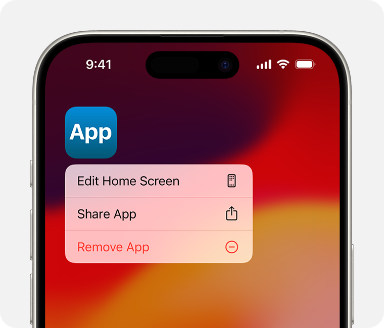 iPhone screen showing the menu that appears when you touch and hold an app. Remove App is the third option in the menu.