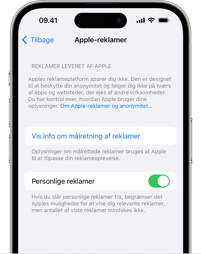 I indstillingerne Apple-reklamer skal du slå Personlige reklamer fra