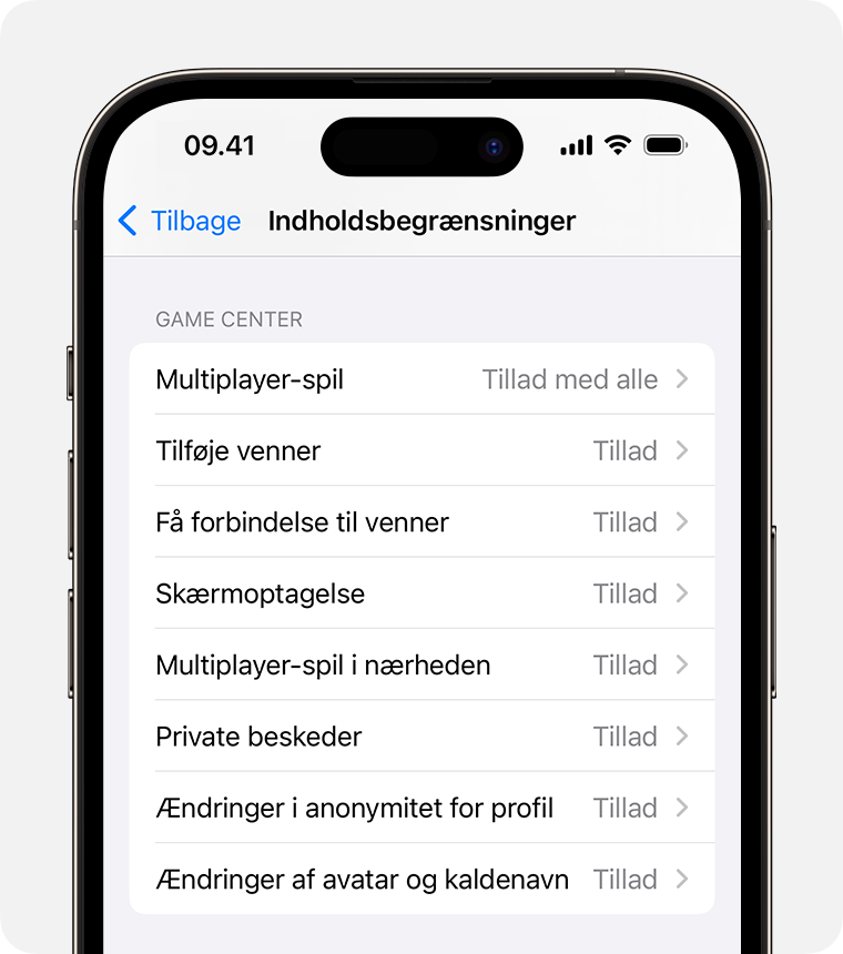 iPhone-skærm, der viser muligheder for Indholdsbegrænsninger for børnesikring 