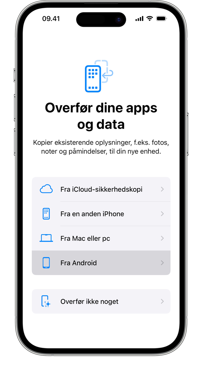 Under overførslen kan du vælge, hvilke apps og data du vil overføre.