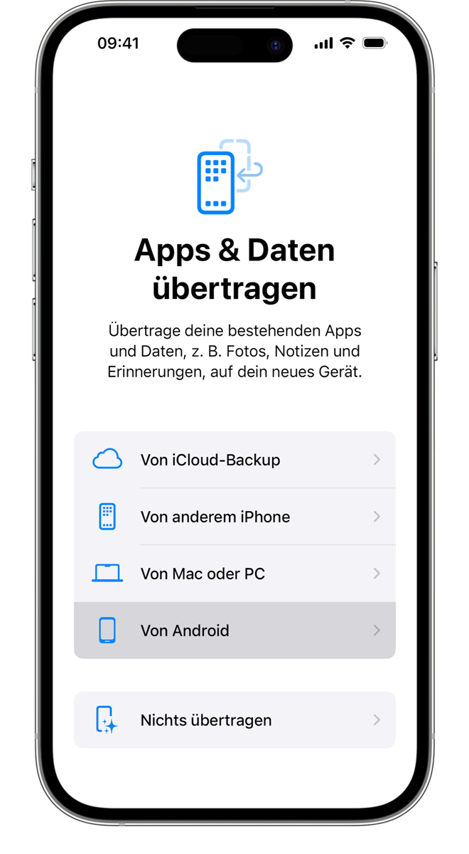 Während des Übertragungsprozesses kannst du auswählen, welche Apps und Informationen übertragen werden sollen.