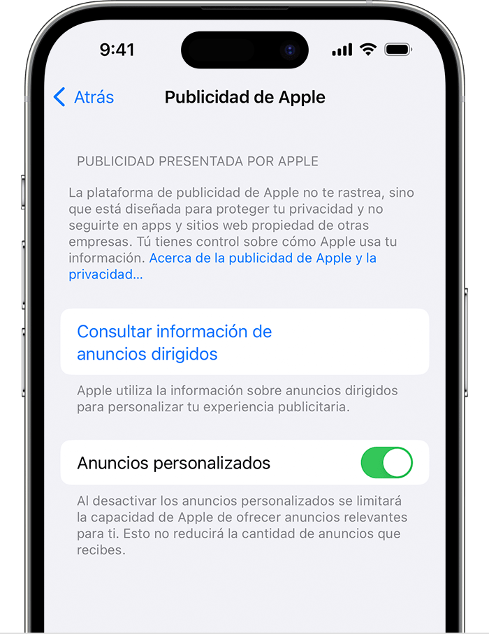 En la configuración de Publicidad de Apple, desactiva Anuncios personalizados