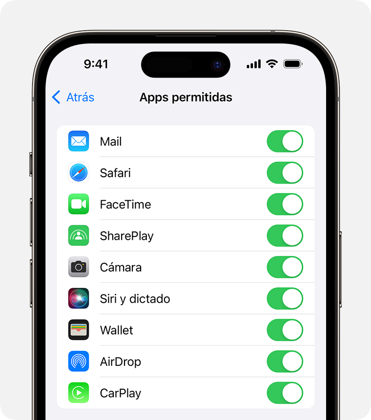 Pantalla de iPhone que muestra las apps permitidas 