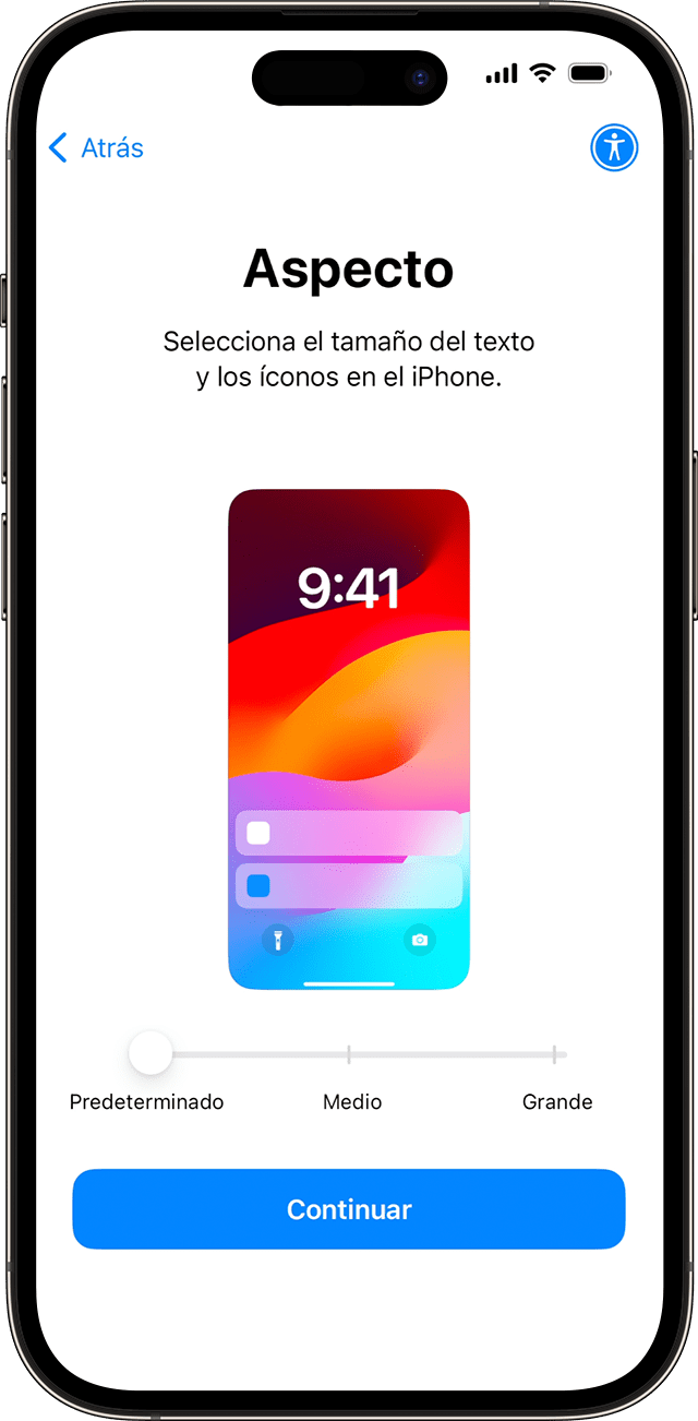 In the iPhone set up process for iOS 17, slide an icon to preview then choose your preferred text and app size.
