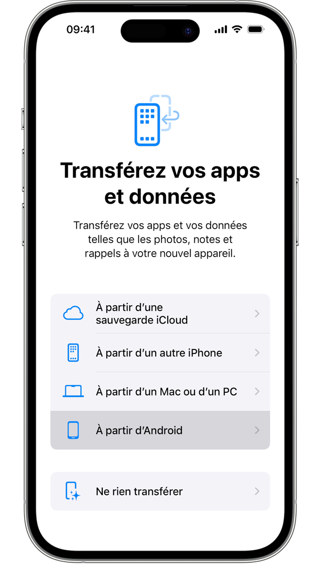 Pendant le processus de transfert, vous pouvez choisir les apps et les informations que vous souhaitez transférer.