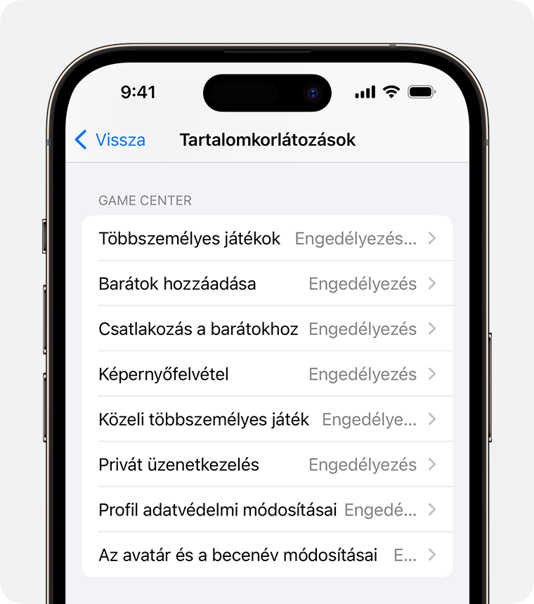 Egy iPhone képernyője, amelyen a szülői felügyelethez tartozó tartalmakkal kapcsolatos korlátozások láthatók