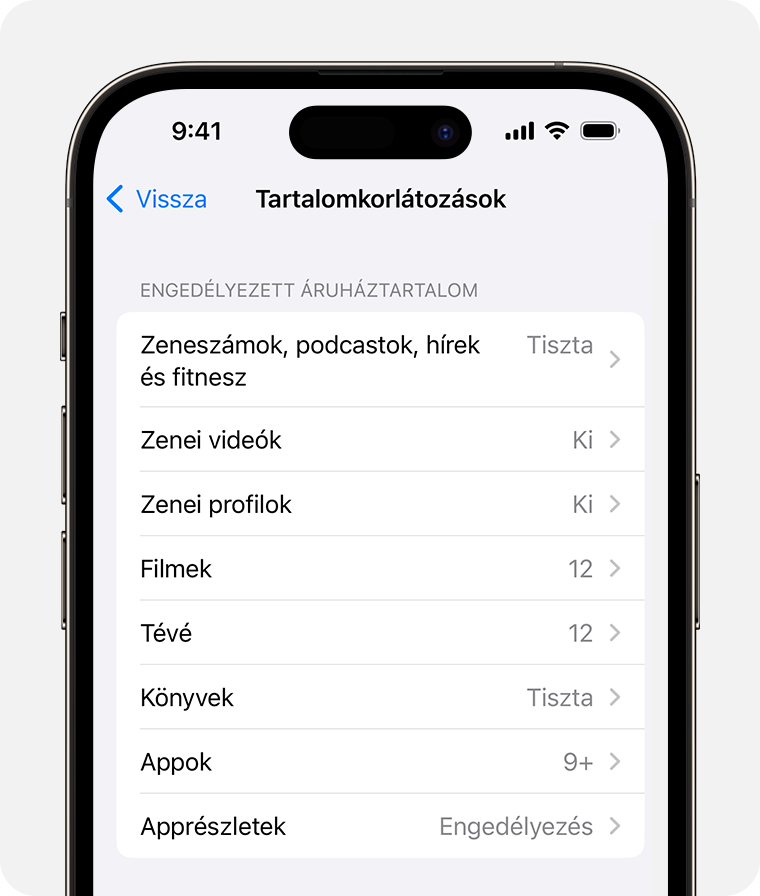 Egy iPhone képernyője, amelyen a tartalmi korlátozásoknál elérhető opciók láthatók 